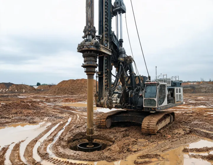 Furukawa rotary drilling rig on foundation jobsite with kelly bar in borehole