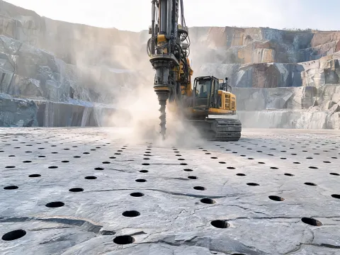 Quarry bench drilling with rotary top hammer
